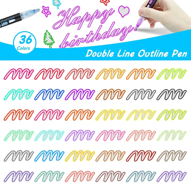 Alt view image 2 of 7 - Double Line Outline Markers, 36 Colors Super Squiggles Shimmer Outline Marker Pen Set, Self Outline Metallic Markers Glitter Writing Drawing Pens for Birthday Greeting Card, Doodling, DIY Art Crafts