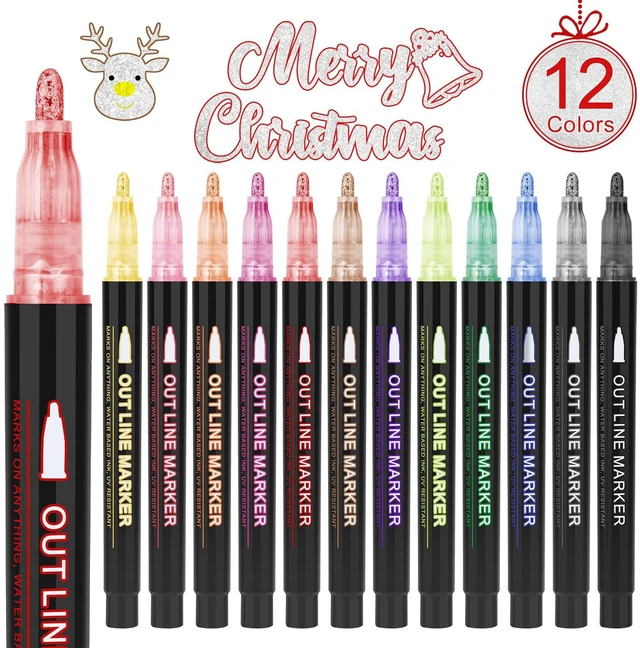 Main image of Outline Markers, 12 Colors Shimmer Markers Set, Self Outline Metallic Outline Marker Pen Set for Art, Drawing, Doodling, Card Making, Greeting Cards, DIY Crafts