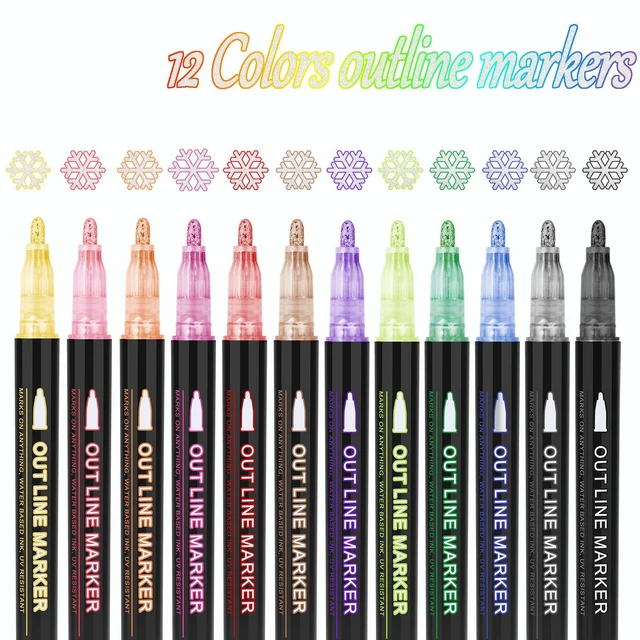 Alt view image 2 of 6 - Outline Markers, 12 Colors Shimmer Markers Set, Self Outline Metallic Outline Marker Pen Set for Art, Drawing, Doodling, Card Making, Greeting Cards, DIY Crafts