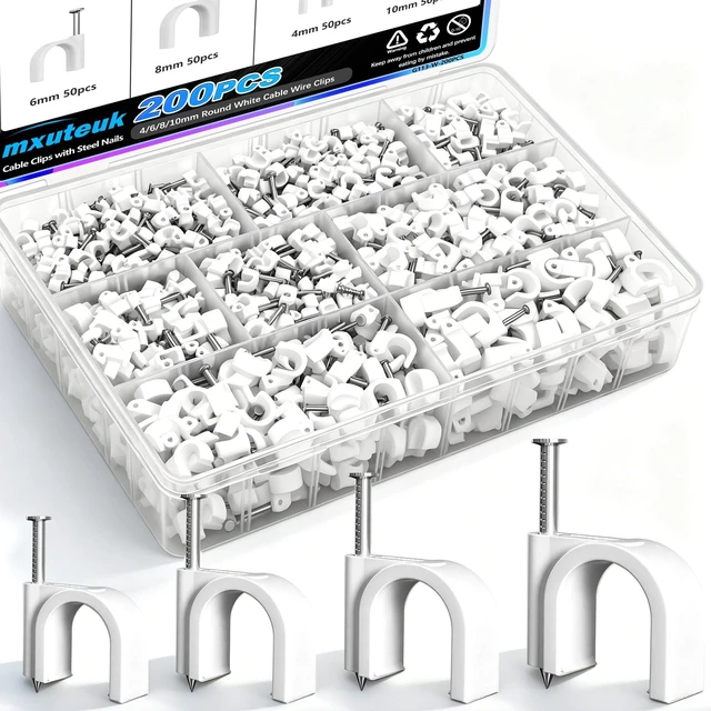 Main image of 200PCS Cable Clips with Steel Nails,4/6/8/10mm Round White Cable Wire Clips,Wall Clips for Cords,Cable Cord Clips for RG6 RG59 CAT6 RJ45