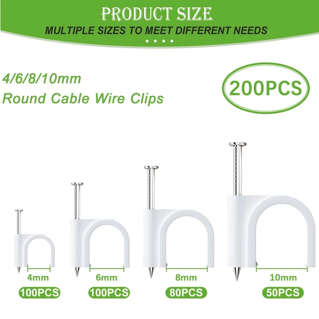 Alt view image 2 of 6 - 200PCS Cable Clips with Steel Nails,4/6/8/10mm Round White Cable Wire Clips,Wall Clips for Cords,Cable Cord Clips for RG6 RG59 CAT6 RJ45