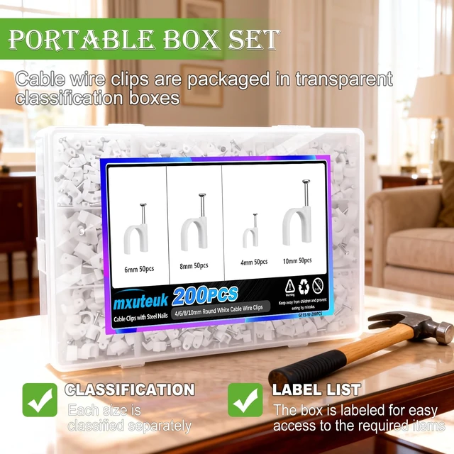 Alt view image 5 of 6 - 200PCS Cable Clips with Steel Nails,4/6/8/10mm Round White Cable Wire Clips,Wall Clips for Cords,Cable Cord Clips for RG6 RG59 CAT6 RJ45