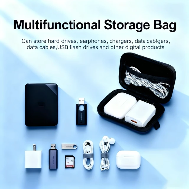 Alt view image 4 of 6 - Earbud Case Portable EVA Storage Bag Cell Phone Accessories Organizer with Carabiner for Wired/Wireless Earphone, Earbud, Earpieces, SD Memory Card, Camera Chips, Tech Pouch, Rectangle, Black