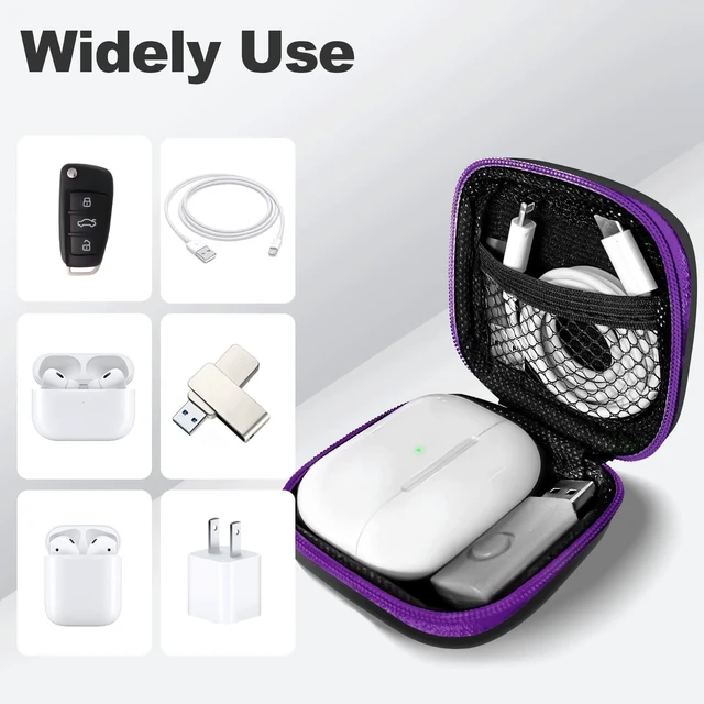 Alt view image 3 of 7 - Square Earbud Case Portable EVA Carrying Case Storage Bag Cell Phone Accessories Organizer with Carabiner for Earphone, Earbud, Earpieces, SD Memory Card, Camera Chips, Tech Pouch, Purple
