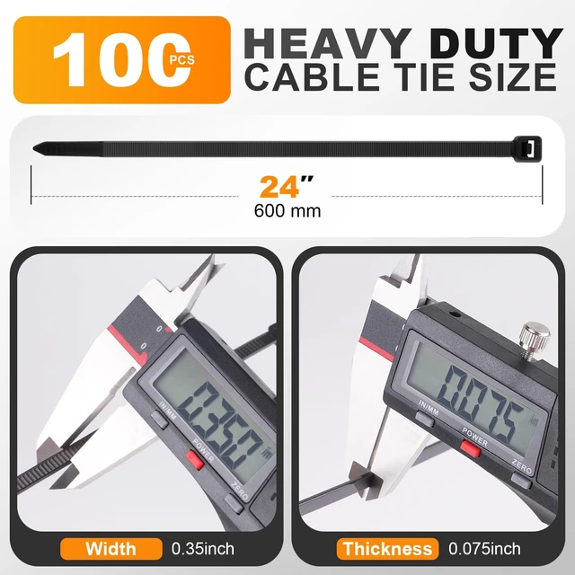Alt view image 2 of 7 - 24 Inch Zip Ties, 200LBS,0.35In Thick, 100Pack,Black Cable Ties | Heavy Duty,Ultra StrongSelf-Locking, Nylon 66, UV & Weather Resistant, Indoor Outdoor, Garden & Industrial Use