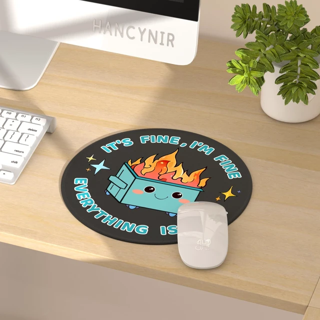 Alt view image 2 of 6 - Funny Mouse Pad, Dumpster on Fire Round Mousepad for Office Desk | Mouse Mat for Computer, Non-Slip Rubber Base, Office Desk Decor, Gifts for Work Coworker Teacher, 8.6 Inch, Stitched Edges