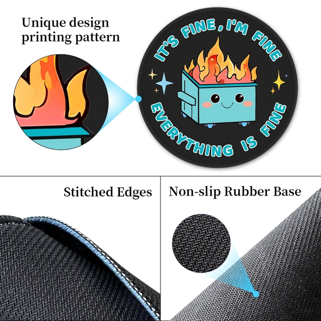 Alt view image 5 of 6 - Funny Mouse Pad, Dumpster on Fire Round Mousepad for Office Desk | Mouse Mat for Computer, Non-Slip Rubber Base, Office Desk Decor, Gifts for Work Coworker Teacher, 8.6 Inch, Stitched Edges