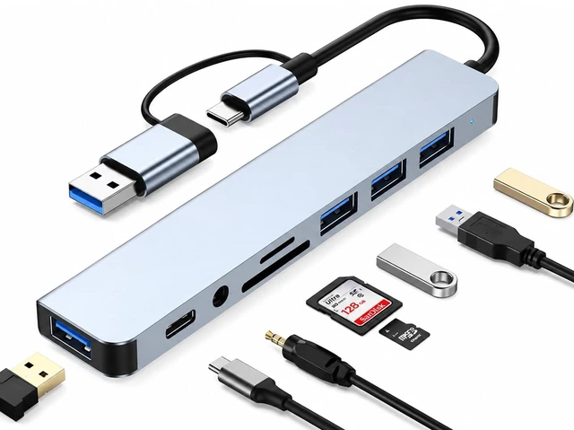 Main image of 8-in-1 USB C Hub 2-in-1 Connector 4 USB A for Laptop Mac | 2-in-1 USB-A/USB-C connector, 1x USB 3.0 + 3x USB 2.0 + USB-C data, SD/TF dual card slots, 3.5mm audio jack, Plug and play