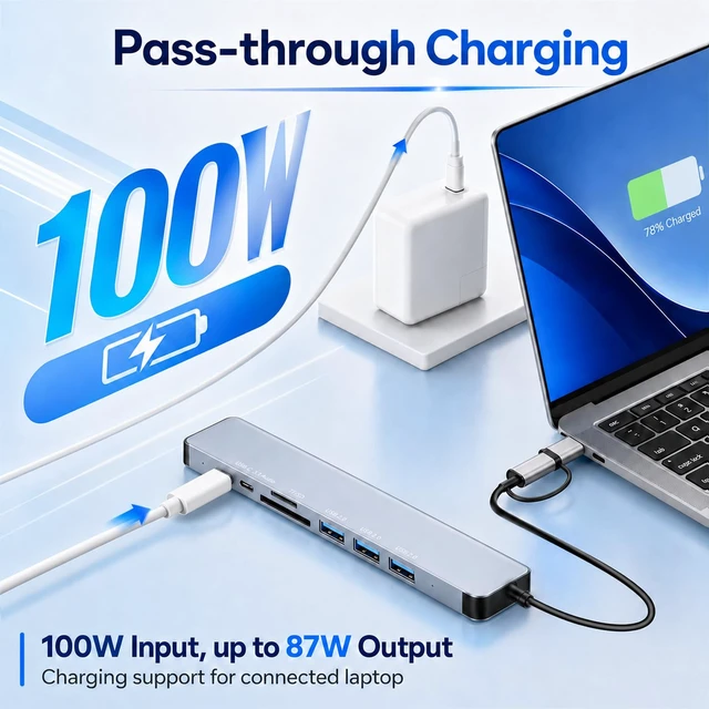 Alt view image 3 of 7 - 8-in-1 USB C Hub 2-in-1 Connector 4 USB A for Laptop Mac | 2-in-1 USB-A/USB-C connector, 1x USB 3.0 + 3x USB 2.0 + USB-C data, SD/TF dual card slots, 3.5mm audio jack, Plug and play