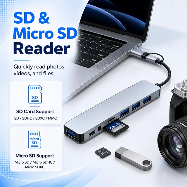 Alt view image 4 of 7 - 8-in-1 USB C Hub 2-in-1 Connector 4 USB A for Laptop Mac | 2-in-1 USB-A/USB-C connector, 1x USB 3.0 + 3x USB 2.0 + USB-C data, SD/TF dual card slots, 3.5mm audio jack, Plug and play