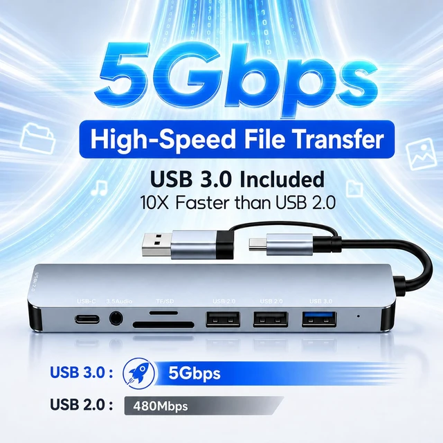 Alt view image 5 of 7 - 8-in-1 USB C Hub 2-in-1 Connector 4 USB A for Laptop Mac | 2-in-1 USB-A/USB-C connector, 1x USB 3.0 + 3x USB 2.0 + USB-C data, SD/TF dual card slots, 3.5mm audio jack, Plug and play