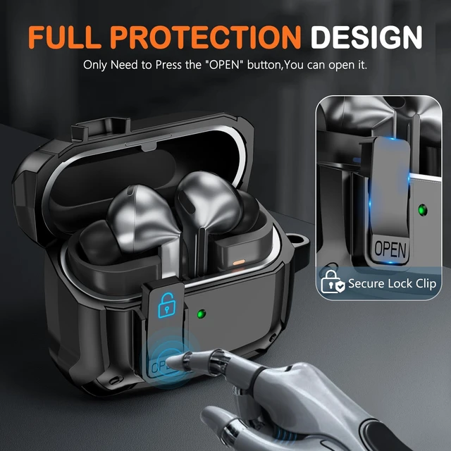 Alt view image 3 of 7 - Safety Lock Case for Samsung Galaxy Buds3 FE/Pro/3 (Black) | with Cleaning Kit & Keychain,Mecha Protective Case