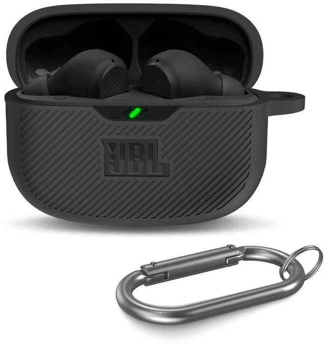 Main image of Case Cover for JBL Vibe 200TWS & Beam, Silicone Protective Anti-Scratch Shock Resistant Logo Visible Cover, Compatible Devices, Carabiner-Black