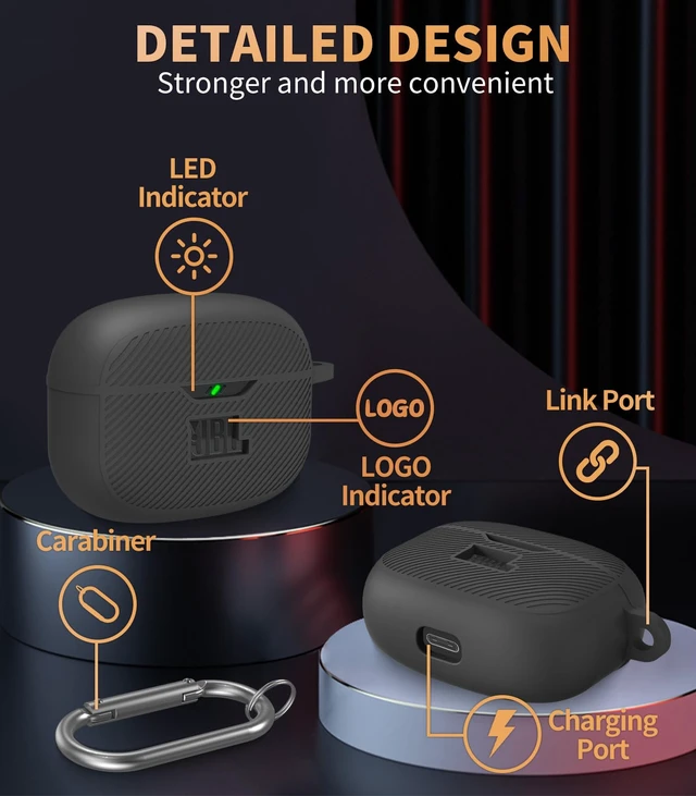Alt view image 4 of 6 - Case Cover for JBL Vibe 200TWS & Beam, Silicone Protective Anti-Scratch Shock Resistant Logo Visible Cover, Compatible Devices, Carabiner-Black