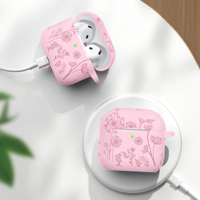 Alt view image 6 of 6 - AirPods 4 and AirPods 5 Case with Cleaner Kit & Keychain, Pink | Flower Engraved Silicone Cover Compatible with Apple AirPod 5/4 Case Cute for Women, Scratchproof, Shockproof, Dustproof