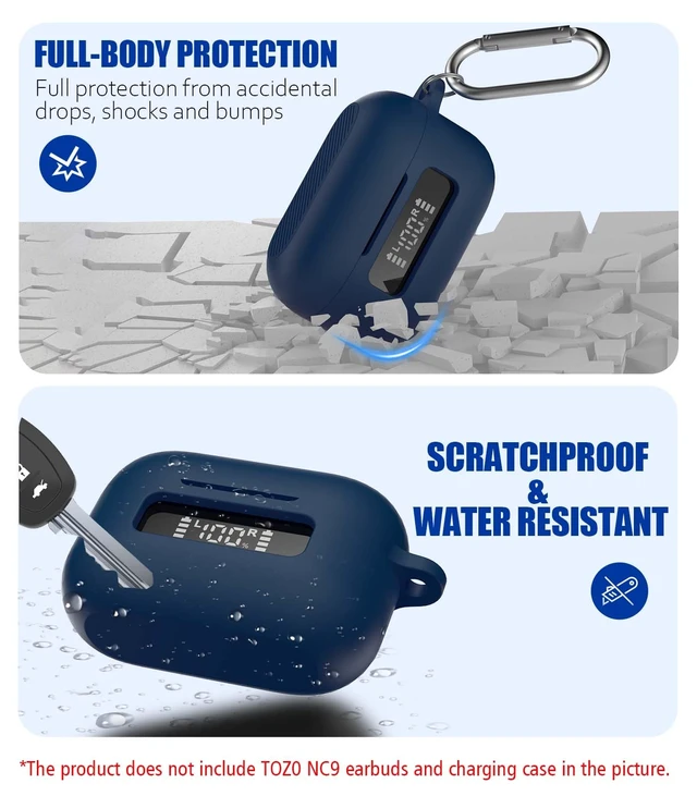 Alt view image 2 of 7 - TOZ0 NC9(2024) Case Cover, Silicone Protective Battery Display Visible Design Cover ONLY for TOZO NC9 Hybrid Active Noise Cancelling Wireless Earbuds 2024 Version with Carabiner-Blue