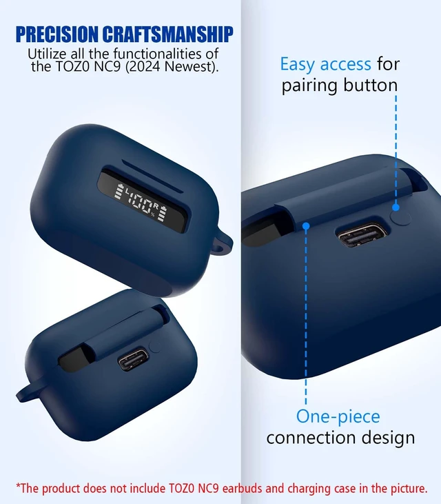 Alt view image 4 of 7 - TOZ0 NC9(2024) Case Cover, Silicone Protective Battery Display Visible Design Cover ONLY for TOZO NC9 Hybrid Active Noise Cancelling Wireless Earbuds 2024 Version with Carabiner-Blue