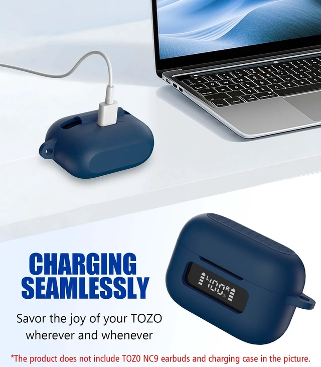 Alt view image 5 of 7 - TOZ0 NC9(2024) Case Cover, Silicone Protective Battery Display Visible Design Cover ONLY for TOZO NC9 Hybrid Active Noise Cancelling Wireless Earbuds 2024 Version with Carabiner-Blue