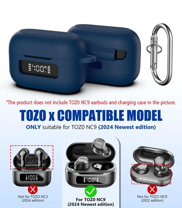 Alt view image 6 of 7 - TOZ0 NC9(2024) Case Cover, Silicone Protective Battery Display Visible Design Cover ONLY for TOZO NC9 Hybrid Active Noise Cancelling Wireless Earbuds 2024 Version with Carabiner-Blue