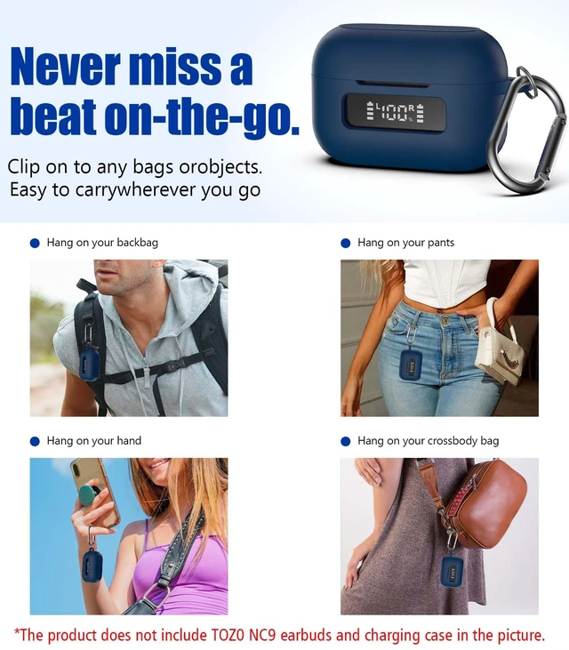 Alt view image 7 of 7 - TOZ0 NC9(2024) Case Cover, Silicone Protective Battery Display Visible Design Cover ONLY for TOZO NC9 Hybrid Active Noise Cancelling Wireless Earbuds 2024 Version with Carabiner-Blue