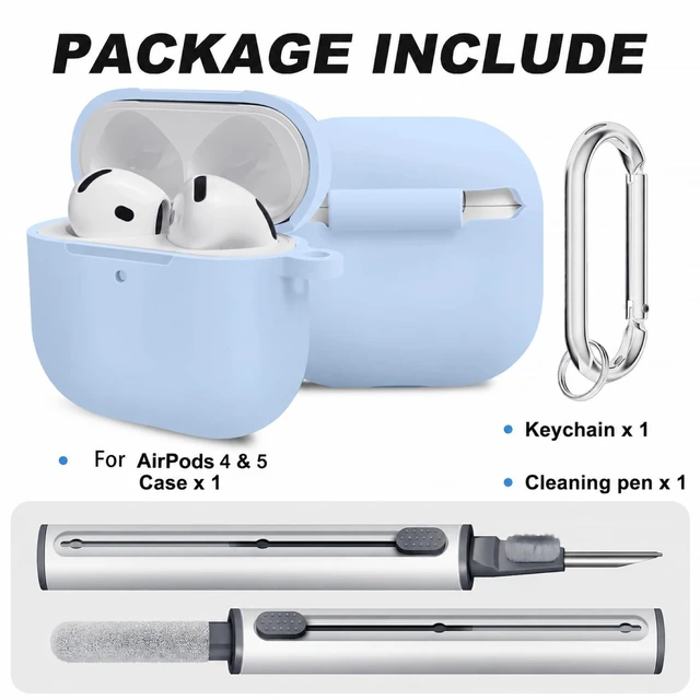 Alt view image 2 of 7 - Silicone Case for AirPods 5 and 4 with Cleaner Kit, Sky Blue | Soft silicone cover with keychain and cleaner kit, compatible with AirPods 5 and 4 for daily scratch and bump protection