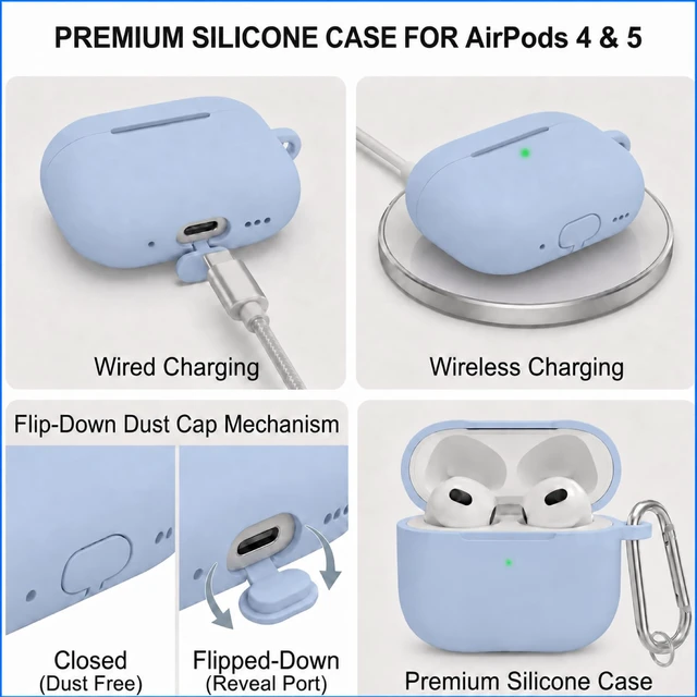 Alt view image 3 of 7 - Silicone Case for AirPods 5 and 4 with Cleaner Kit, Sky Blue | Soft silicone cover with keychain and cleaner kit, compatible with AirPods 5 and 4 for daily scratch and bump protection
