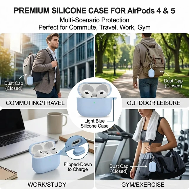 Alt view image 5 of 7 - Silicone Case for AirPods 5 and 4 with Cleaner Kit, Sky Blue | Soft silicone cover with keychain and cleaner kit, compatible with AirPods 5 and 4 for daily scratch and bump protection