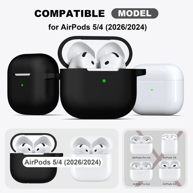 Alt view image 2 of 6 - Silicone Case for AirPods 4 and AirPods 5, Black | Compatible with Apple AirPods 4 & AirPods 5, Includes Keychain & Cleaner Kit, Supports Wireless Charging