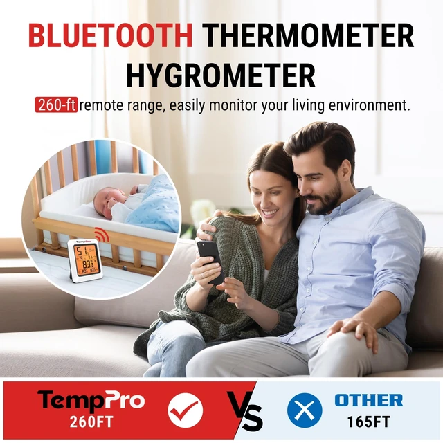 Alt view image 2 of 7 - TempAir Bluetooth Hygrometer Thermometer for Greenhouse Up to 260ft | Room Indoor Thermometer Humidity Monitor, Humidity Meter Temperature Sensor with 2-Year Data Export&Large Backlit Display