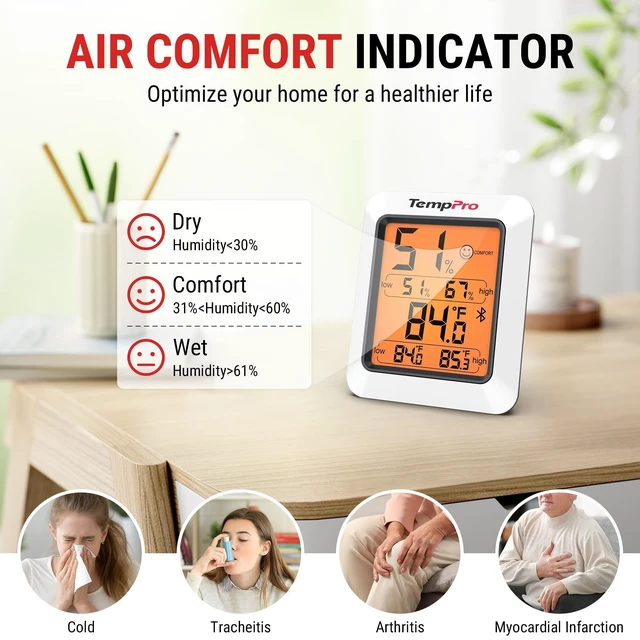 Alt view image 6 of 7 - TempAir Bluetooth Hygrometer Thermometer for Greenhouse Up to 260ft | Room Indoor Thermometer Humidity Monitor, Humidity Meter Temperature Sensor with 2-Year Data Export&Large Backlit Display