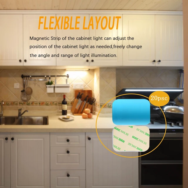 Alt view image 3 of 7 - 20Pcs Adhesive Magnetic Strips for Under Cabinet LED Light Mounting | Metal Adhesive Plates for Magnetic LED Lights,Under Counter Kitchen Stairs Closet,Peel & Stick Mounting