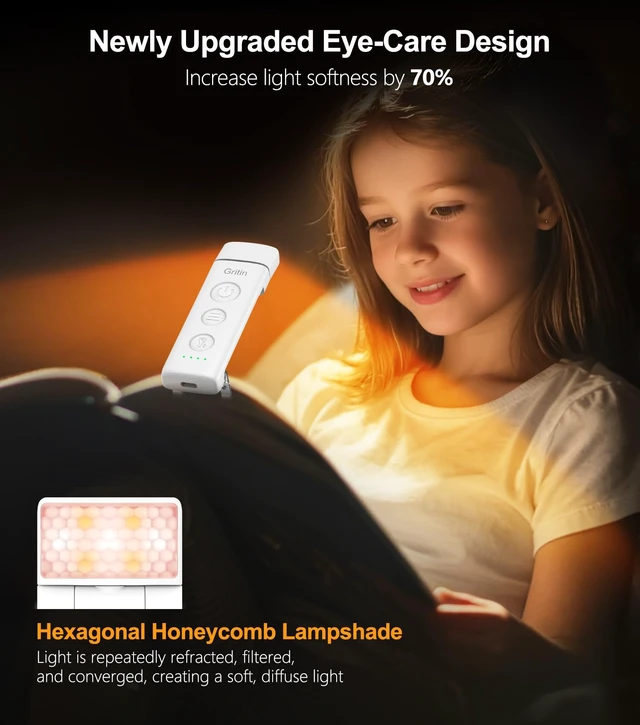 Alt view image 4 of 7 - Gritin Book Light Rechargeable, Clip on LED Reading Light for Books in Bed | Eye Caring 3-Color & 5-Brightness, Stepless Dimming, Long Lasting, Compact Size Flexible Book Lamp for Bookworms