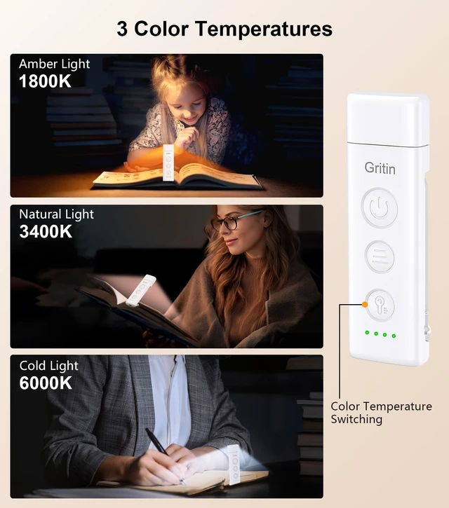 Alt view image 3 of 7 - Gritin Book Light Rechargeable, Clip on LED Reading Light for Books in Bed | Eye Caring 3-Color & 5-Brightness, Stepless Dimming, Long Lasting, Compact Size Flexible Book Lamp for Bookworms