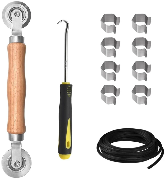 Main image of Window Screen Repair Kit, Steel Roller Tool with Bearing, Spline Removal Hook, 32ft Retainer Spline and 8pcs Screen Clips Replacement for Installing Door Mesh Screens BY0009G11