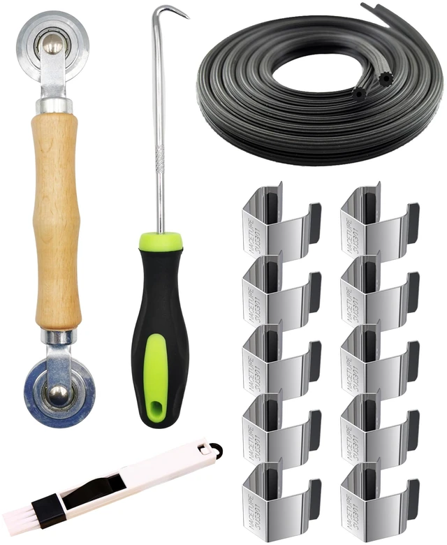 Main image of Screen Repair Tool Kit with 32 ft Screen Spline, 5-in-1 | Complete 5-in-1 kit includes 32 ft screen spline, retainer clips 10 Pack, roller tool and removal hook.