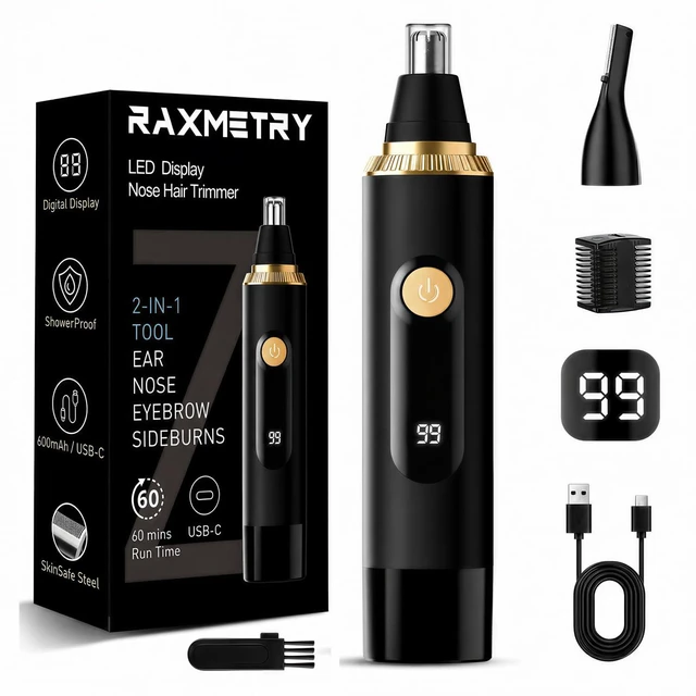 Main image of Nose Hair Trimmer for Men and Women,2026 Professional Painless IPX7 Waterproof Eyebrow & Facial Hair Trimmer,USB Rechargeable with LED Display Dual-Edge Blades,Black