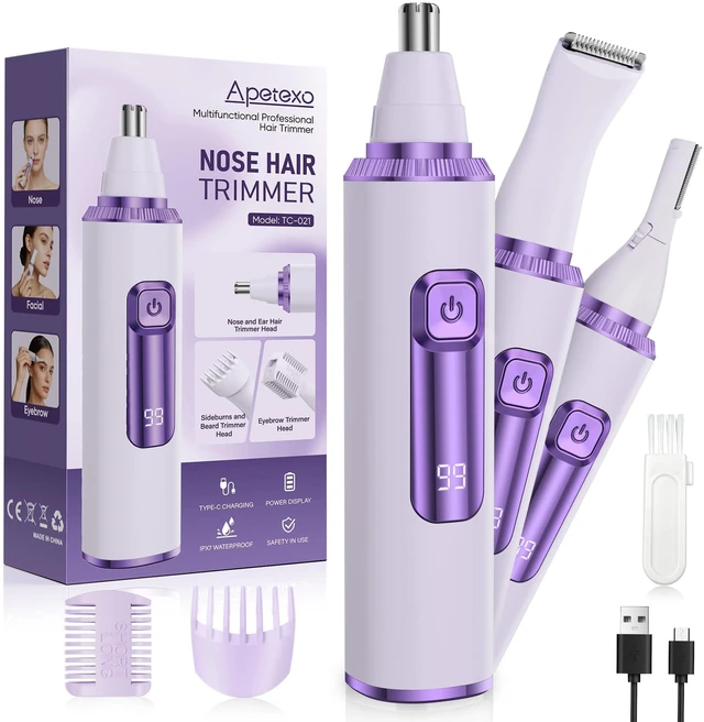 Main image of Nose Hair Trimmer for Women, 3-in-1 Painless & Gentle Trimmer for Nose, Eyebrows & Facial Hair, Type-C Rechargeable Precision Groomer with Double-Edged Blades, IPX7 Waterproof - Purple