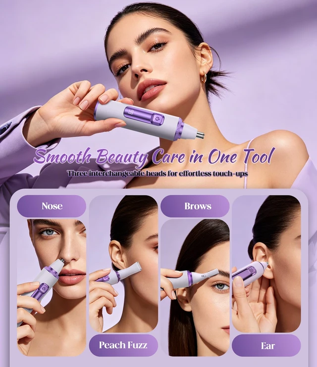 Alt view image 2 of 7 - Nose Hair Trimmer for Women, 3-in-1 Painless & Gentle Trimmer for Nose, Eyebrows & Facial Hair, Type-C Rechargeable Precision Groomer with Double-Edged Blades, IPX7 Waterproof - Purple