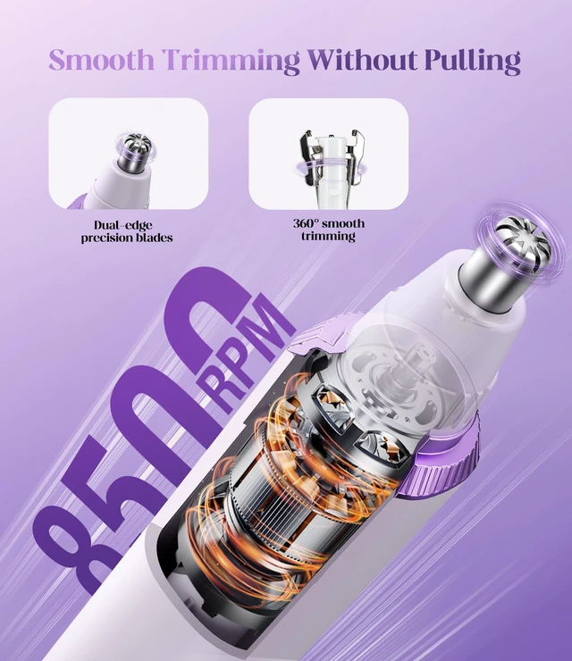 Alt view image 3 of 7 - Nose Hair Trimmer for Women, 3-in-1 Painless & Gentle Trimmer for Nose, Eyebrows & Facial Hair, Type-C Rechargeable Precision Groomer with Double-Edged Blades, IPX7 Waterproof - Purple