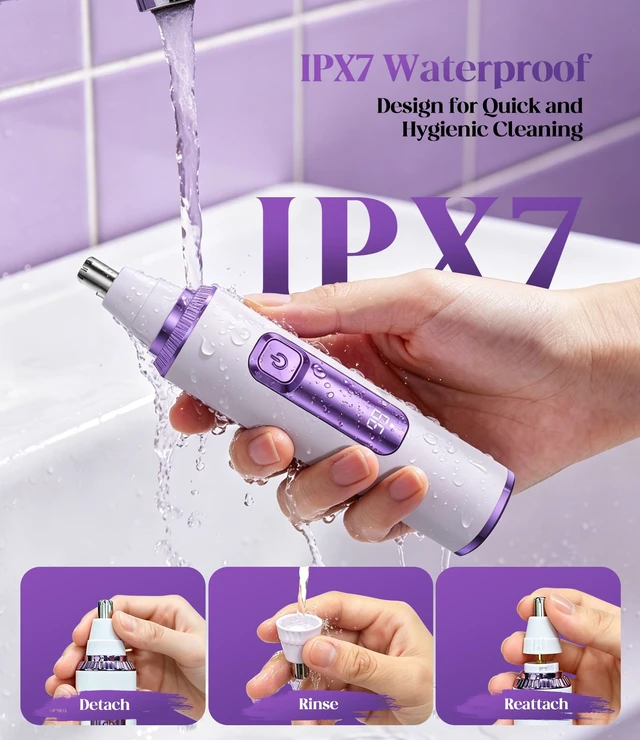 Alt view image 5 of 7 - Nose Hair Trimmer for Women, 3-in-1 Painless & Gentle Trimmer for Nose, Eyebrows & Facial Hair, Type-C Rechargeable Precision Groomer with Double-Edged Blades, IPX7 Waterproof - Purple