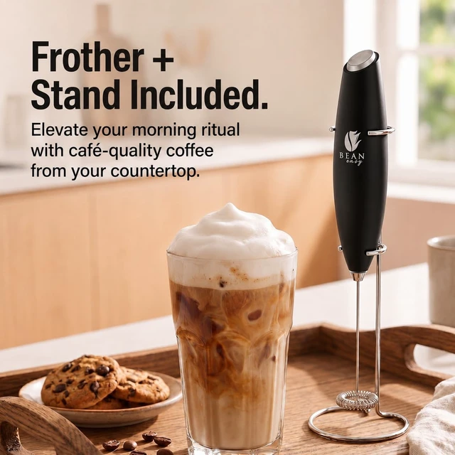 Alt view image 3 of 6 - Milk Frother Handheld - Coffee Mixer Wand with Stand - Black | Battery Operated, Stainless Steel Whisk, 19000 RPM, Protein Powder Blender, Electric Stirrer, Mini Foamer