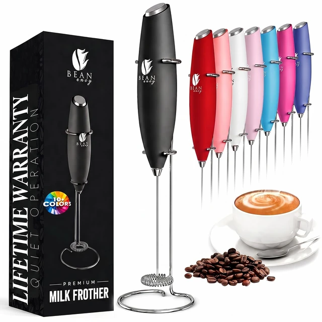 Main image of Milk Frother Handheld - Coffee Mixer Wand with Stand - Black | Battery Operated, Stainless Steel Whisk, 19000 RPM, Protein Powder Blender, Electric Stirrer, Mini Foamer