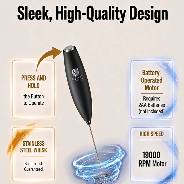 Alt view image 5 of 6 - Milk Frother Handheld - Coffee Mixer Wand with Stand - Black | Battery Operated, Stainless Steel Whisk, 19000 RPM, Protein Powder Blender, Electric Stirrer, Mini Foamer
