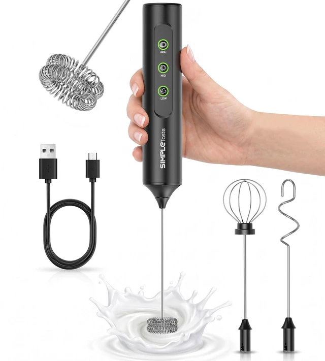 Main image of Rechargeable Handheld Milk Frother Wand | 3 Variable Speeds, 3 Whisks, USB-C Electric Drink Mixer for Latte, Cappuccino, Matcha and Protein Powder, Black