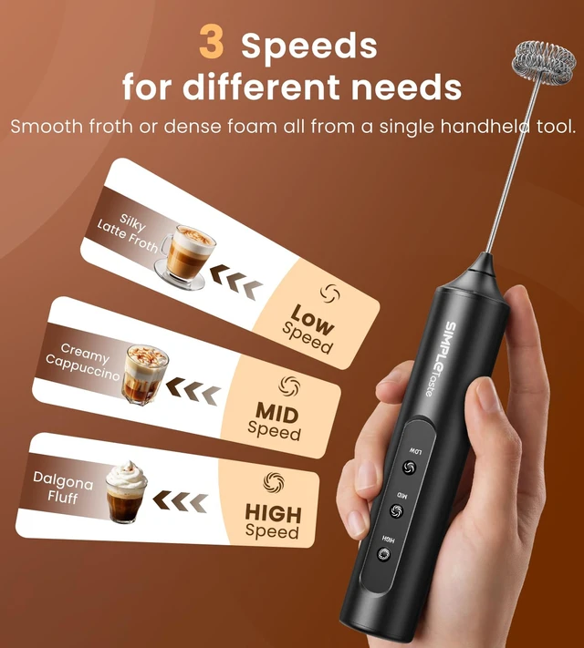 Alt view image 3 of 7 - Rechargeable Handheld Milk Frother Wand | 3 Variable Speeds, 3 Whisks, USB-C Electric Drink Mixer for Latte, Cappuccino, Matcha and Protein Powder, Black