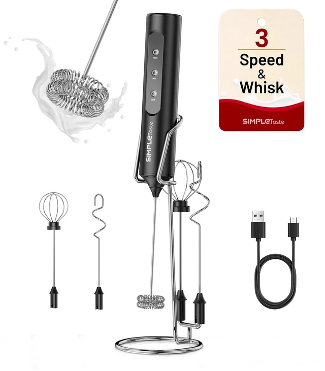 Main image of Rechargeable Handheld Milk Frother Wand with Stand | 3 Variable Speeds, 3 Whisks, Electric Drink Mixer for Latte, Cappuccino, Matcha and Protein Powder, Black