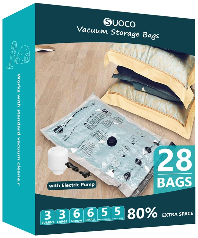 Main image of Vacuum Storage Bags for Travel & Home with Electric Pump, 28 Combo | Space Saver Compression Packing Seal Bags for Clothing, Clothes, Bedding, Blankets, Comforters, Pillows