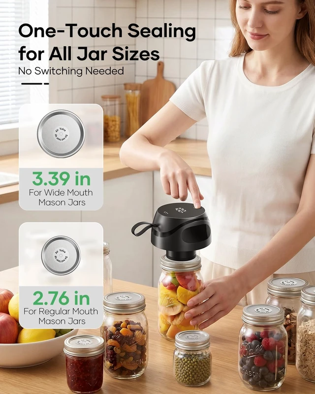 Alt view image 2 of 7 - Electric Mason Jar Vacuum Sealer Kit, Portable Jar Vacuum Sealer with 10 Wide Mouth & 10 Regular Mouth Mason Lids, 2 Food Bags, One-Touch Auto Stop, Food Storage Vacuum Sealer for Home & Kitchen-Black