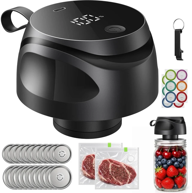 Main image of Electric Mason Jar Vacuum Sealer Kit, Portable Jar Vacuum Sealer with 10 Wide Mouth & 10 Regular Mouth Mason Lids, 2 Food Bags, One-Touch Auto Stop, Food Storage Vacuum Sealer for Home & Kitchen-Black