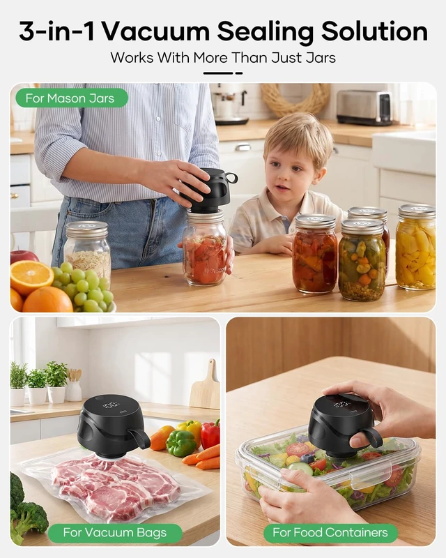 Alt view image 5 of 7 - Electric Mason Jar Vacuum Sealer Kit, Portable Jar Vacuum Sealer with 10 Wide Mouth & 10 Regular Mouth Mason Lids, 2 Food Bags, One-Touch Auto Stop, Food Storage Vacuum Sealer for Home & Kitchen-Black